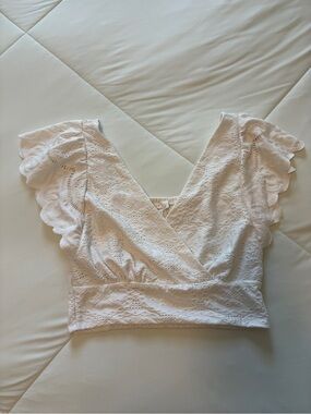 URBAN Romantics White Eyelet Wrap Crop Top with Flutter Sleeves